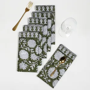 Hand Block Green Floral Printed Cotton Napkins