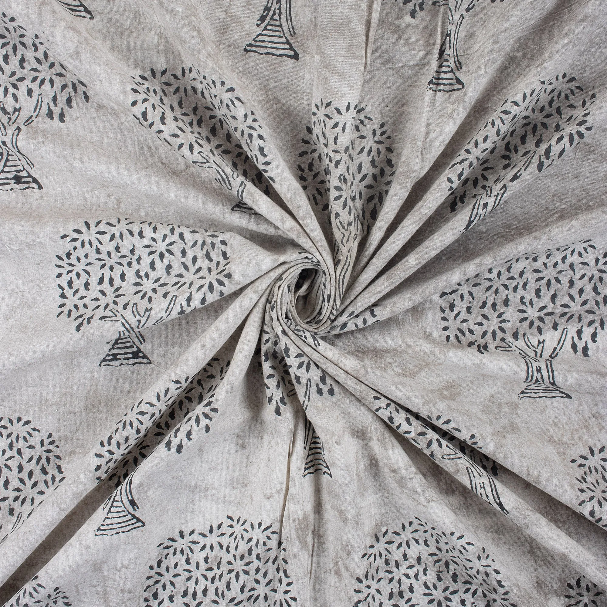 Hand Block Grey Tree Soft Dabu Cotton Fabric