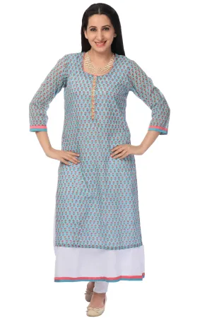 Hand Block Print Blue Two Layered Long Kurta