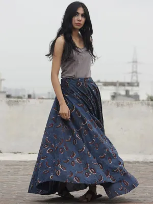 Hand Block Printed Wrap Around Skirt In Indigo Black Maroon - S40F373