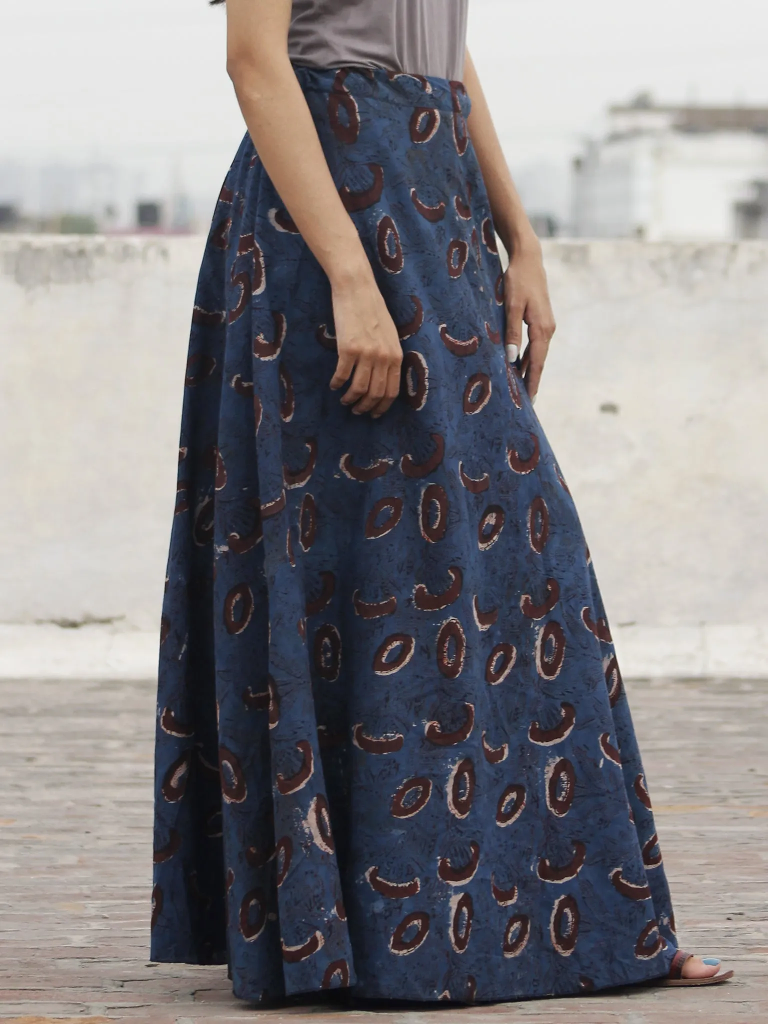 Hand Block Printed Wrap Around Skirt In Indigo Black Maroon - S40F373