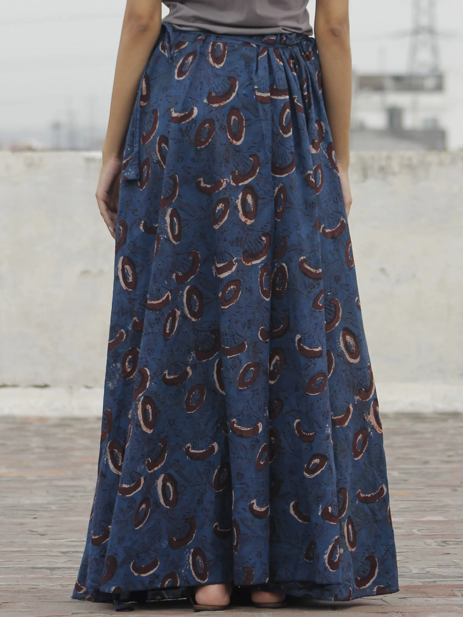 Hand Block Printed Wrap Around Skirt In Indigo Black Maroon - S40F373