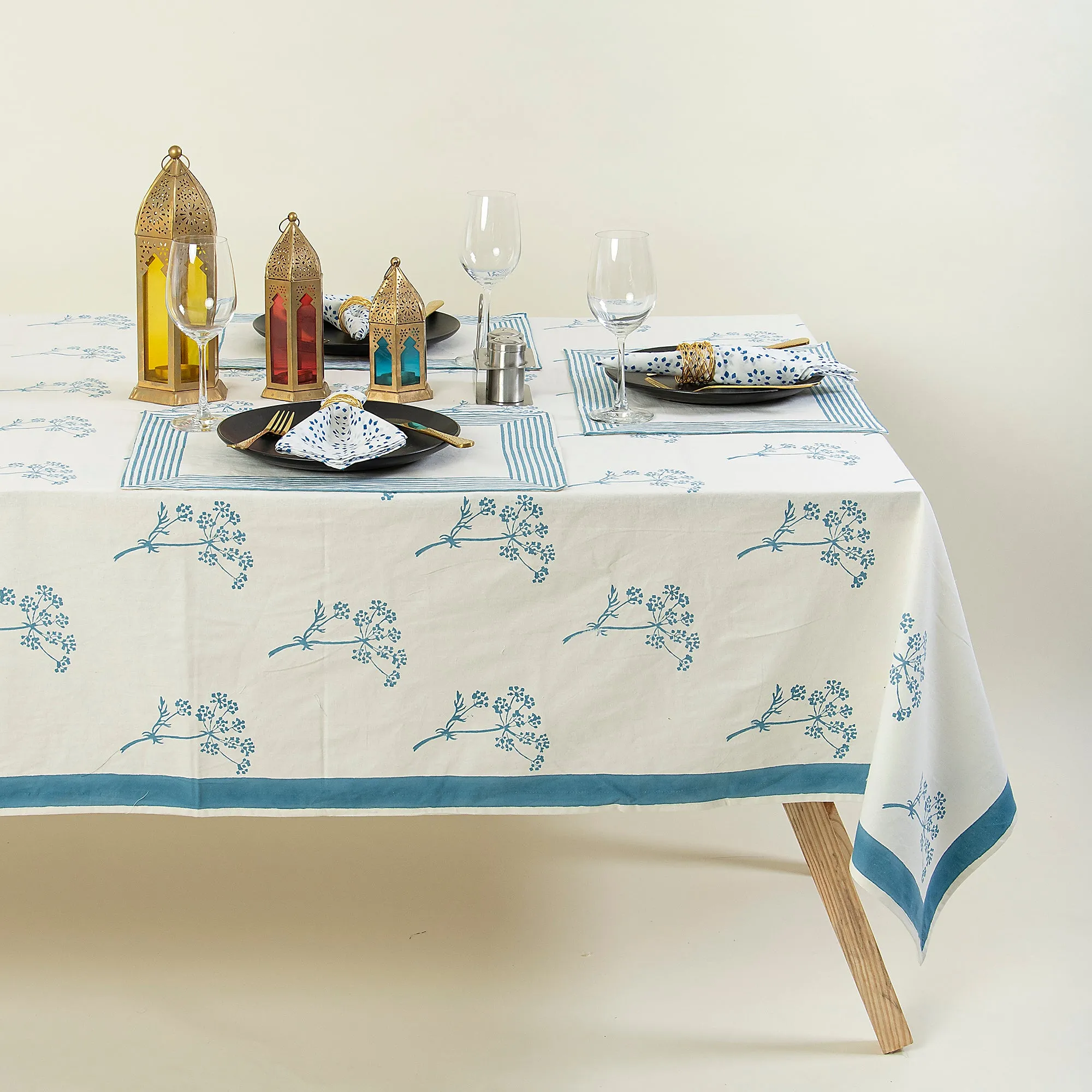 Hand Block Sky Blue Floral Printed Cotton Table Cloth Design