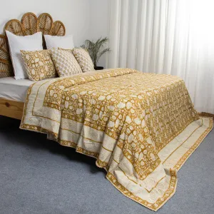 Hand Block Yellow Floral Printed Cotton Dohar Double Bed