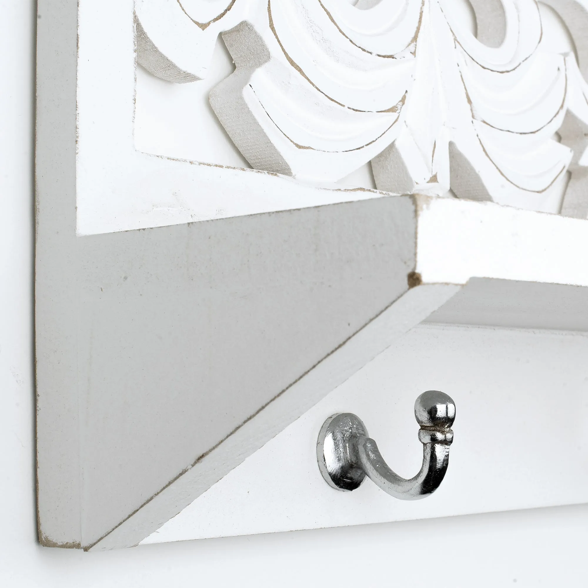 Hand-Carved Wall Shelf and Coat Rack - White (24")