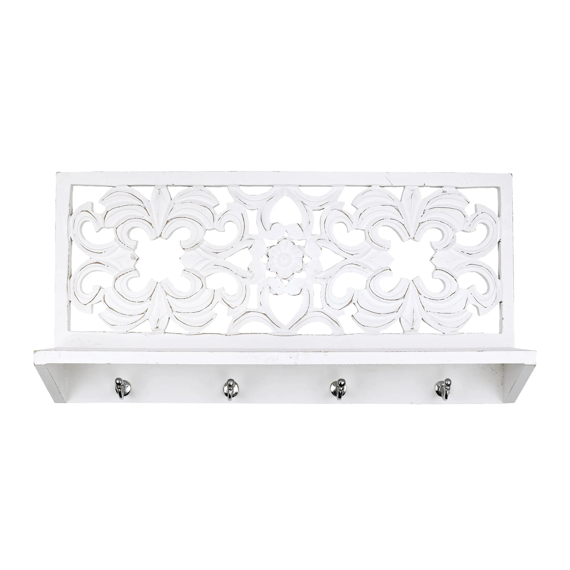 Hand-Carved Wall Shelf and Coat Rack - White (24")