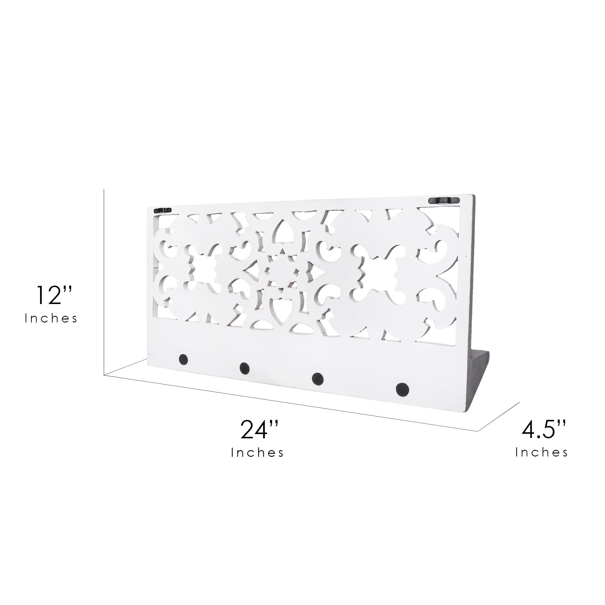 Hand-Carved Wall Shelf and Coat Rack - White (24")