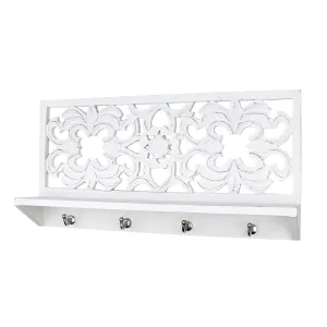 Hand-Carved Wall Shelf and Coat Rack - White (24")