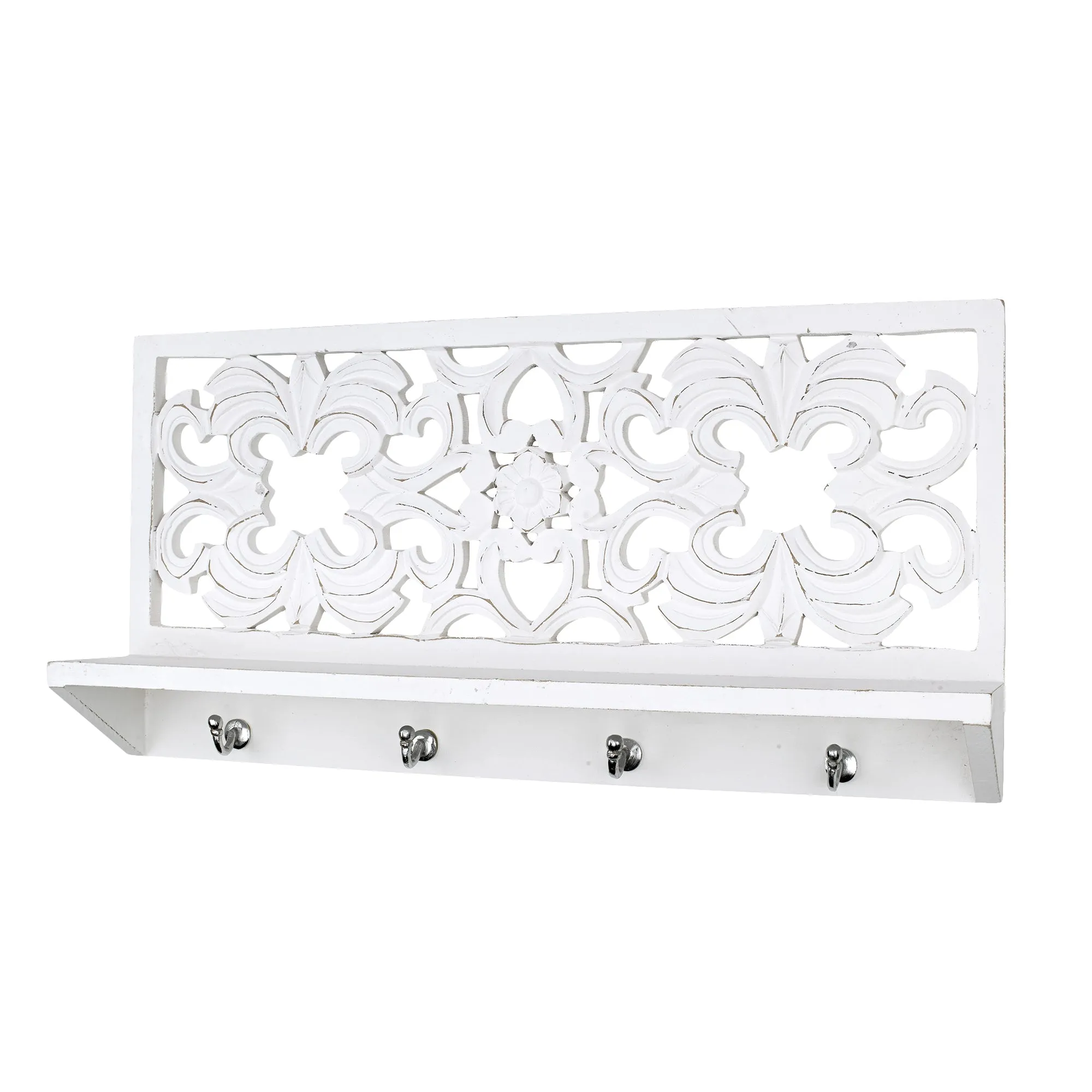 Hand-Carved Wall Shelf and Coat Rack - White (24")