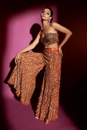 Hand-embroidered Burnt Orange Bustier and Sharara