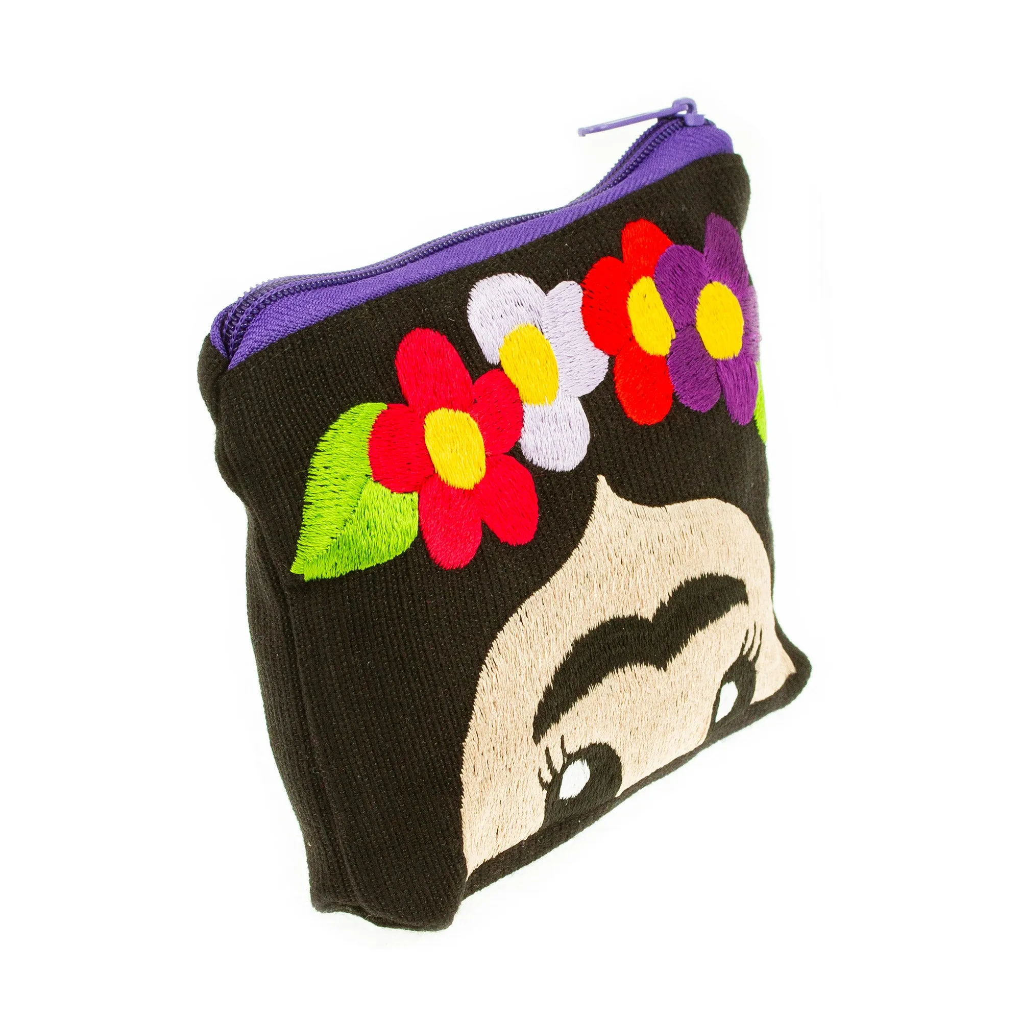 Hand Embroidered Cotton Cosmetic Bag from Mexico - Frida with Flowers | NOVICA