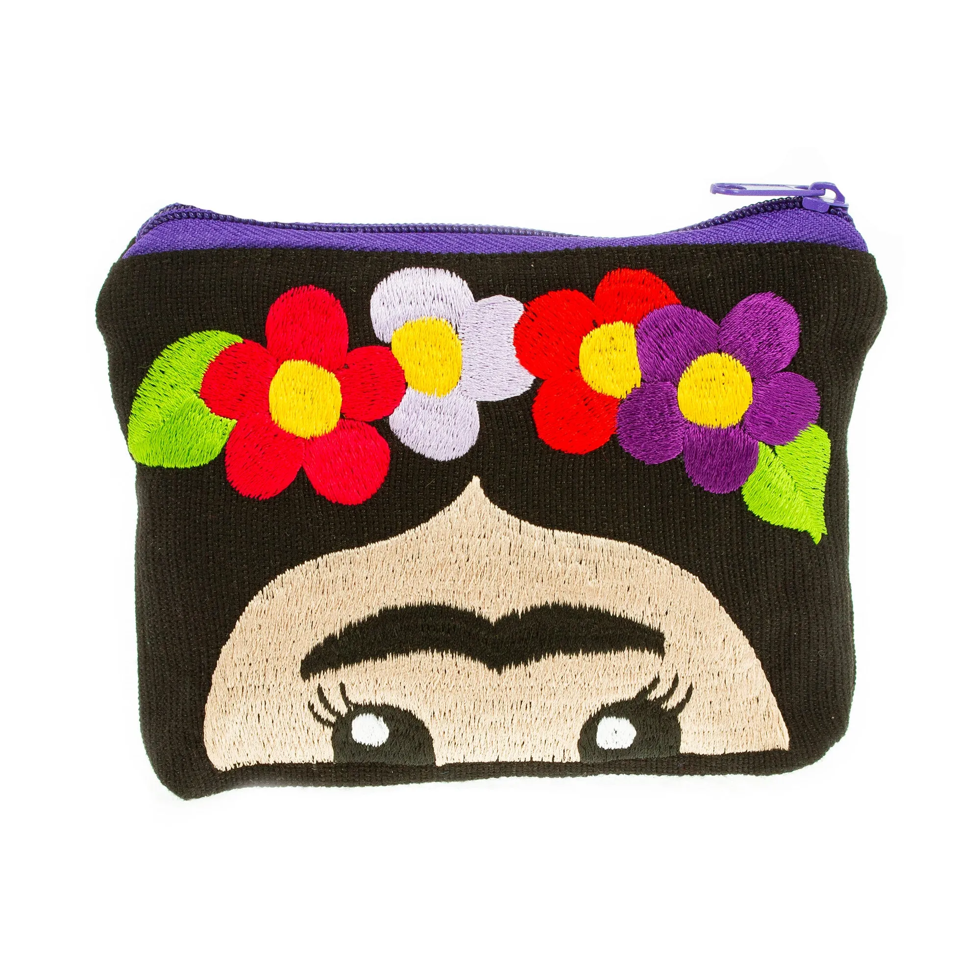 Hand Embroidered Cotton Cosmetic Bag from Mexico - Frida with Flowers | NOVICA