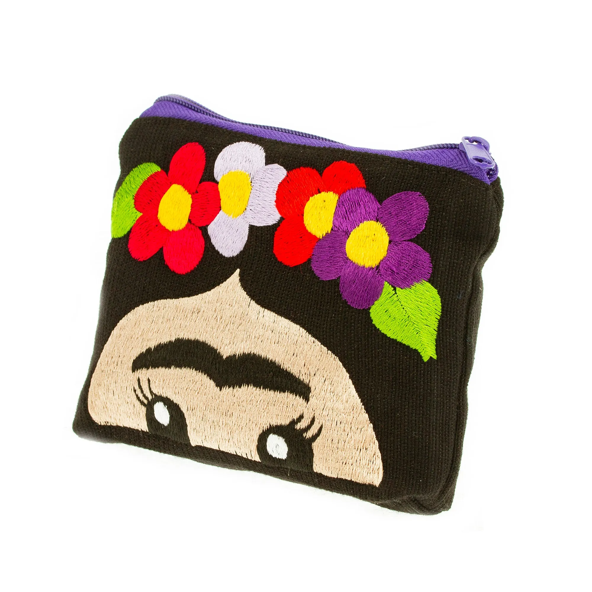 Hand Embroidered Cotton Cosmetic Bag from Mexico - Frida with Flowers | NOVICA