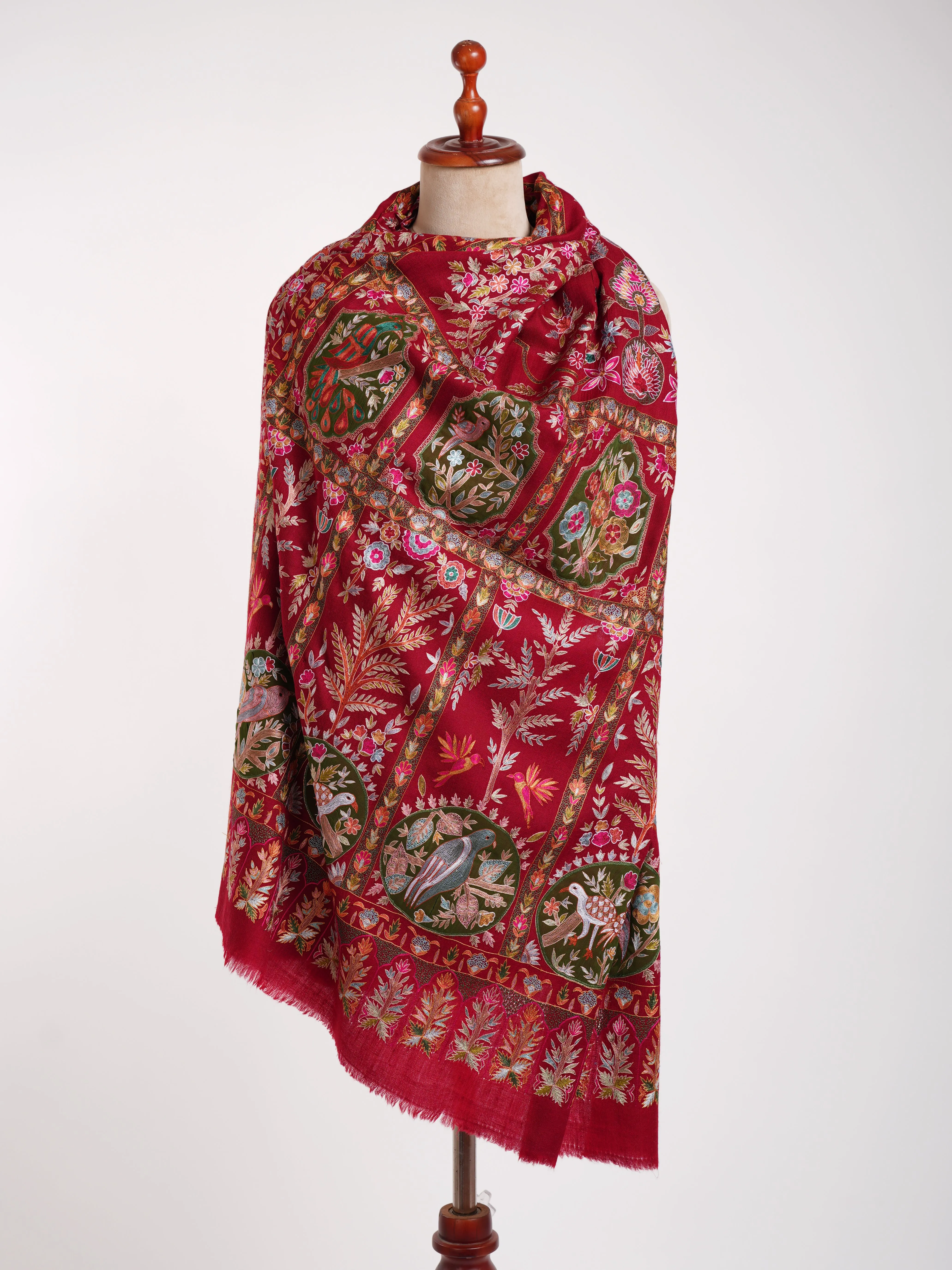 Hand Embroidered Red Pashmina Jamavar Shawl