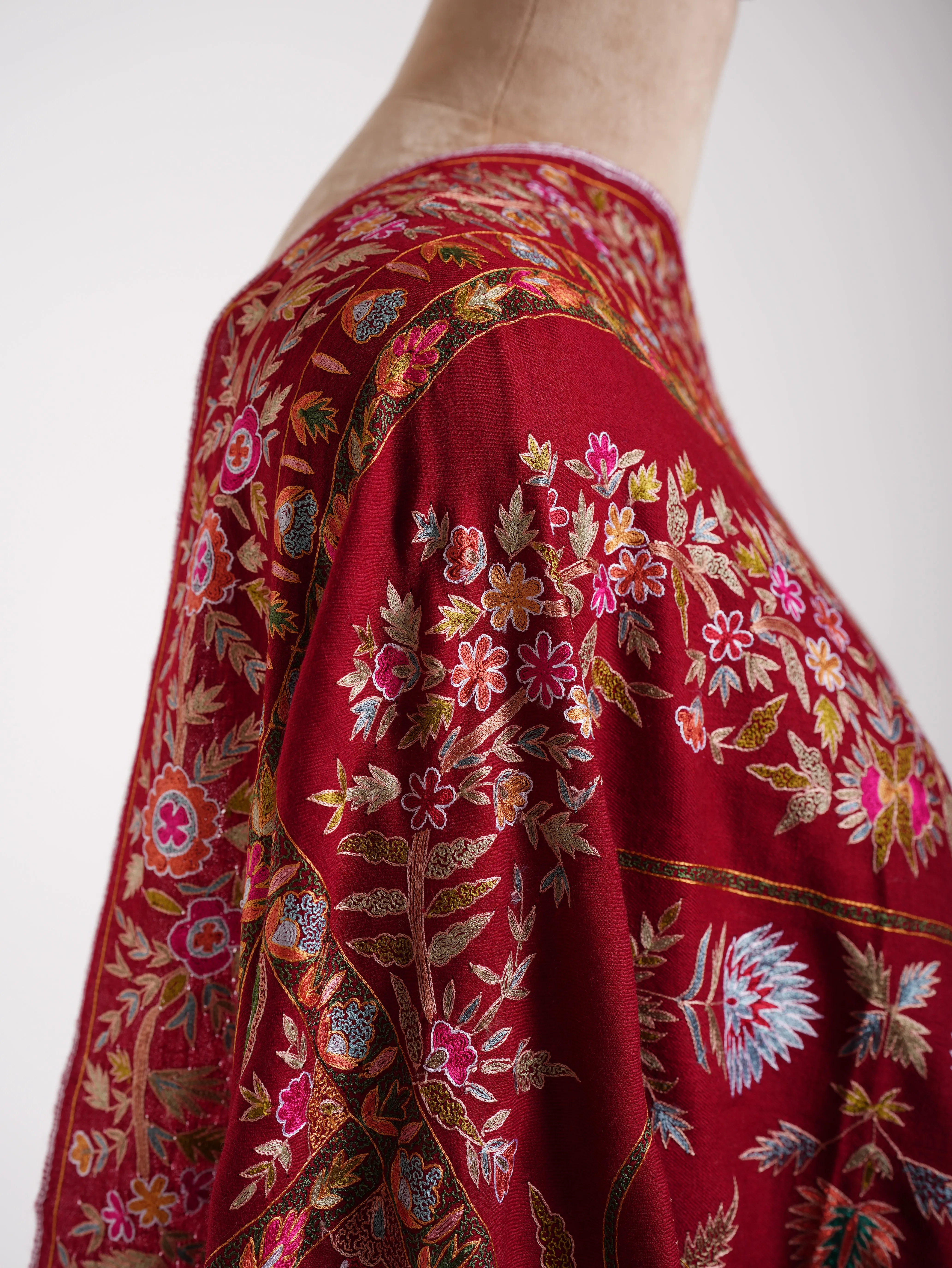 Hand Embroidered Red Pashmina Jamavar Shawl