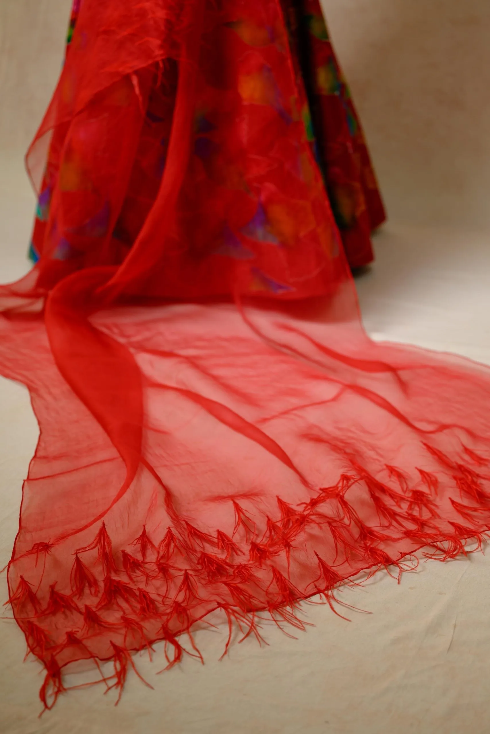 Hand embroidred lehenga with drape blouse and feather dupatta