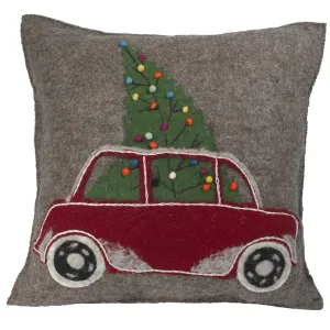 Hand Felted Wool Christmas Pillow - Car With Tree On Gray - 20"