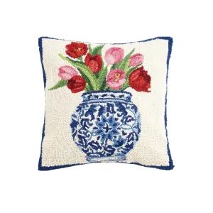 Hand hooked wool tulips in chinoiserie pillow