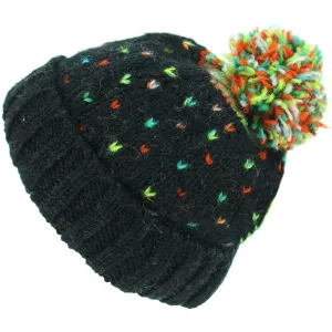 Hand Knitted Wool Beanie Bobble Hat - Tik Tik Black