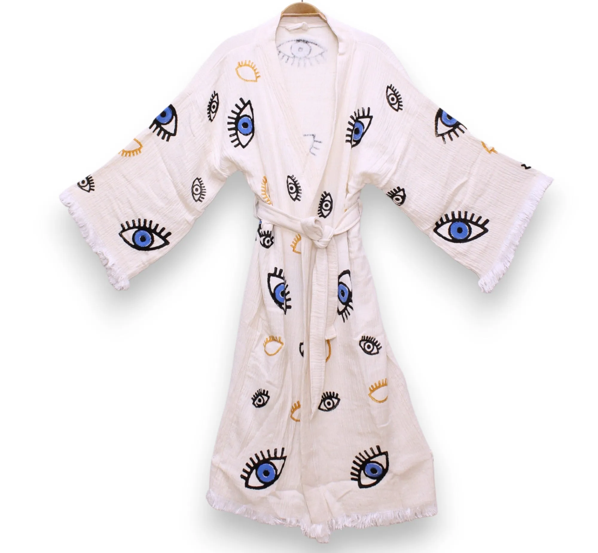 Hand-Made Block Print Evil Eye Design Turkish Towel Kimono Robe Kaftan