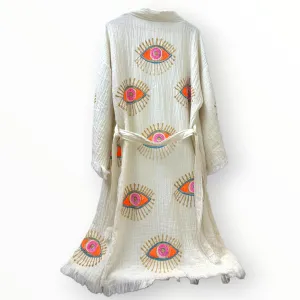 Hand-Made Block Print Evil Eye Turkish Towel Kimono Robe Kaftan