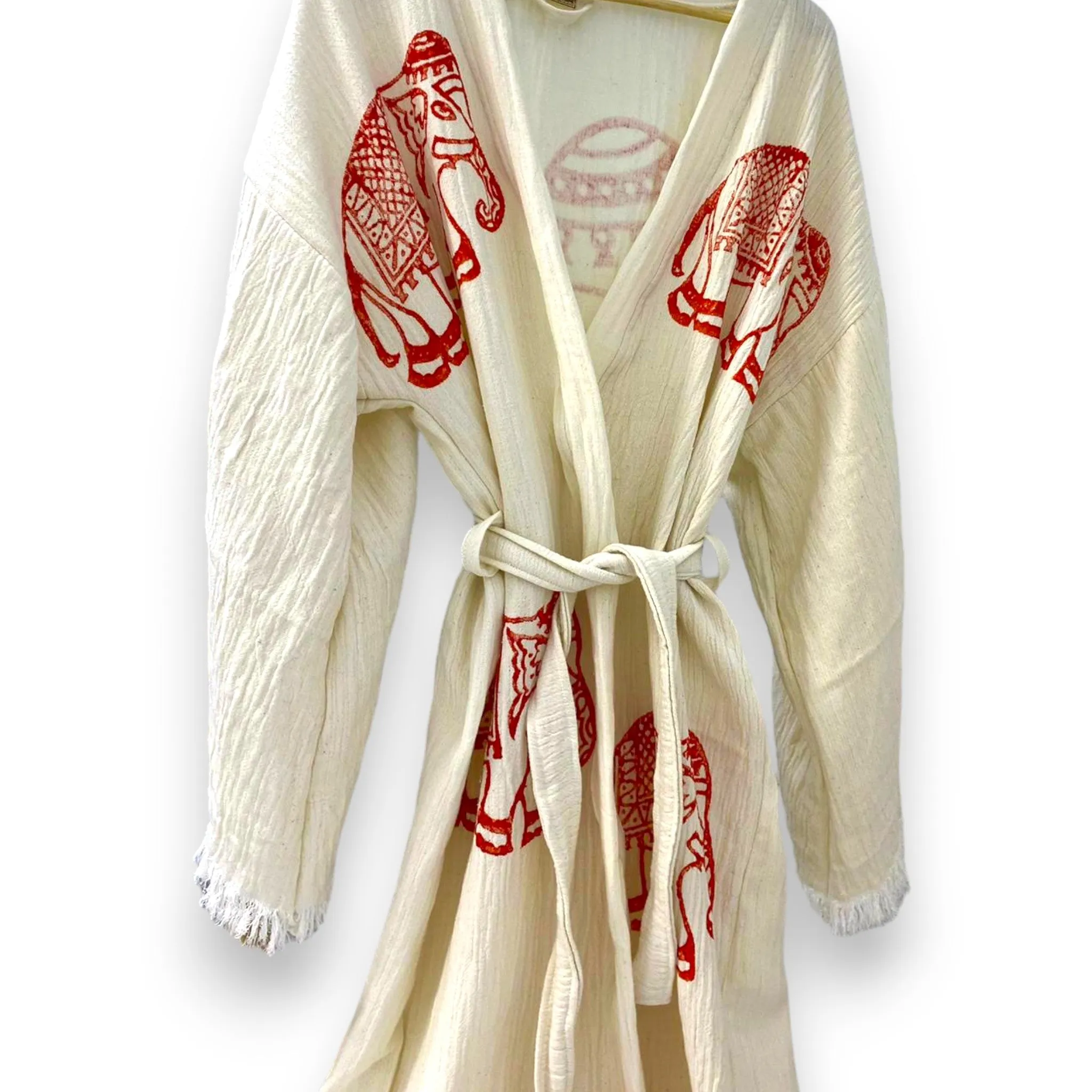 Hand-Made Block Print Turkish Towel Elephant Design Kimono Robe Kaftan