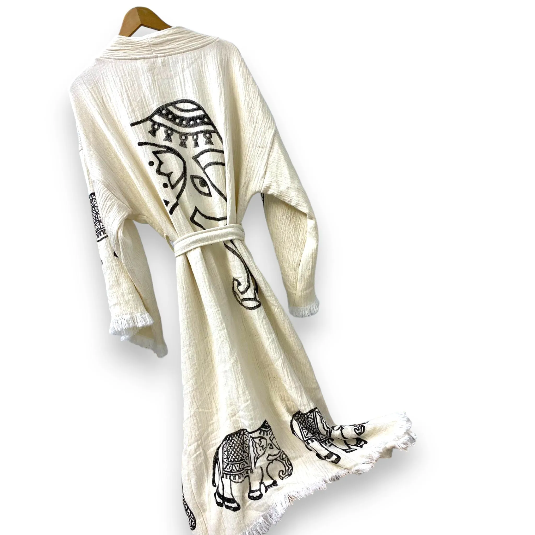 Hand-Made Block Print Turkish Towel Elephant Design Kimono Robe Kaftan