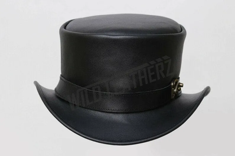 hand Made Classic Leather Black Steampunk Side Hook Buckle Lock Band Top Hat Corset Gothic