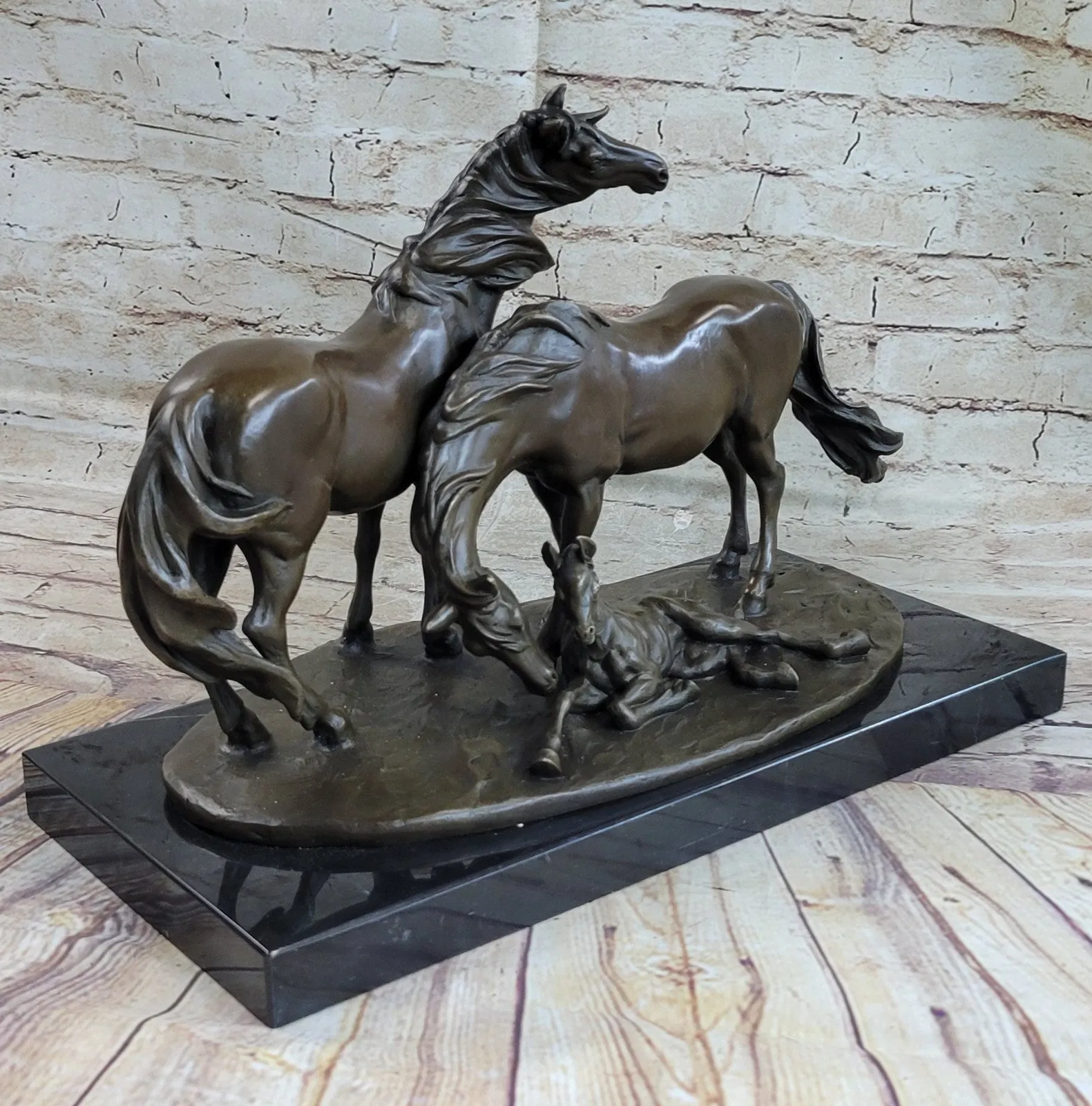 Hand Made Two Horses With Baby Bronze Masterpiece Trophy Cabin Home Decor