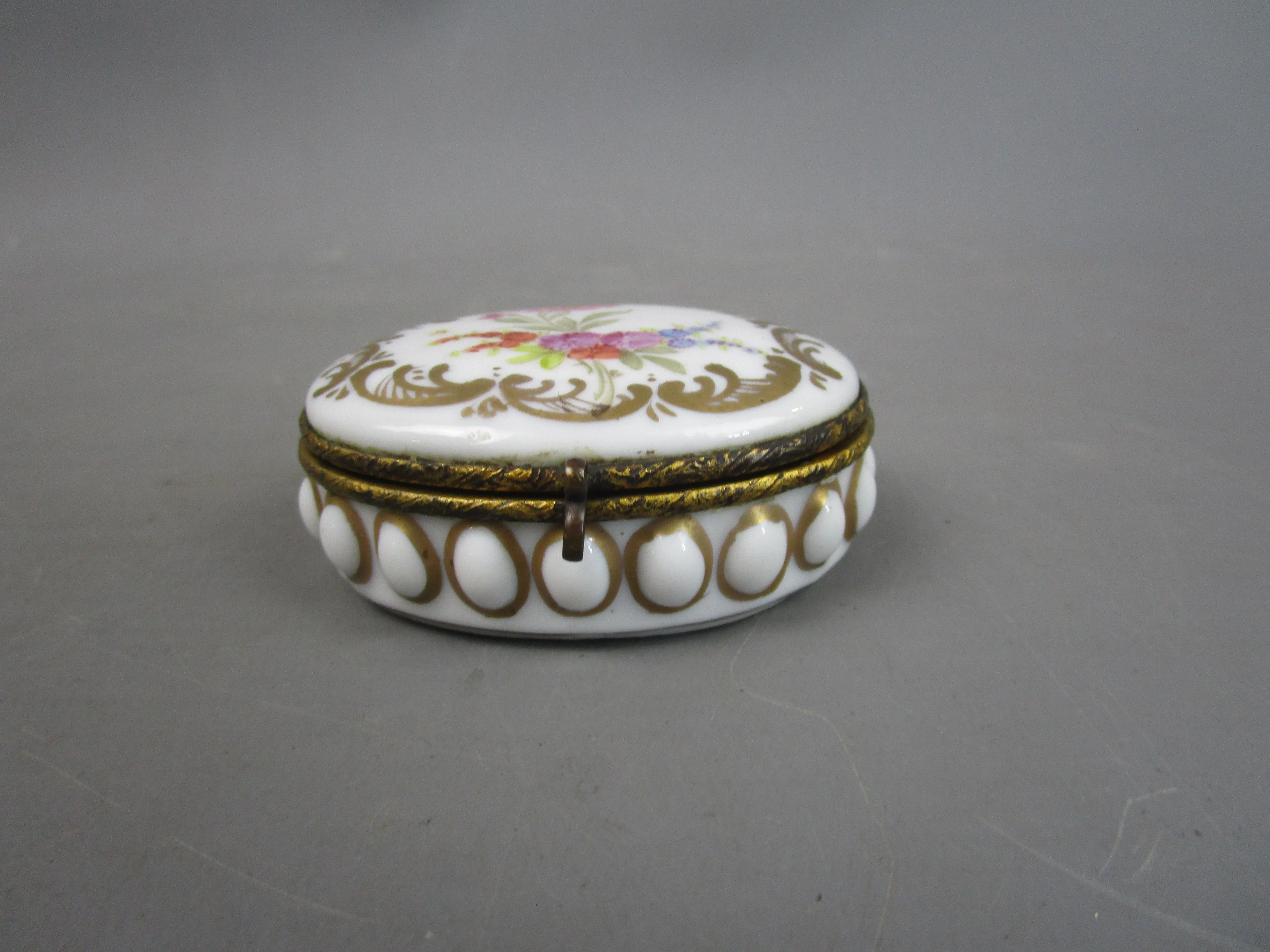 Hand Painted Floral Design Porcelain Gilt Hinged Oval Box Antique Victorian c1870