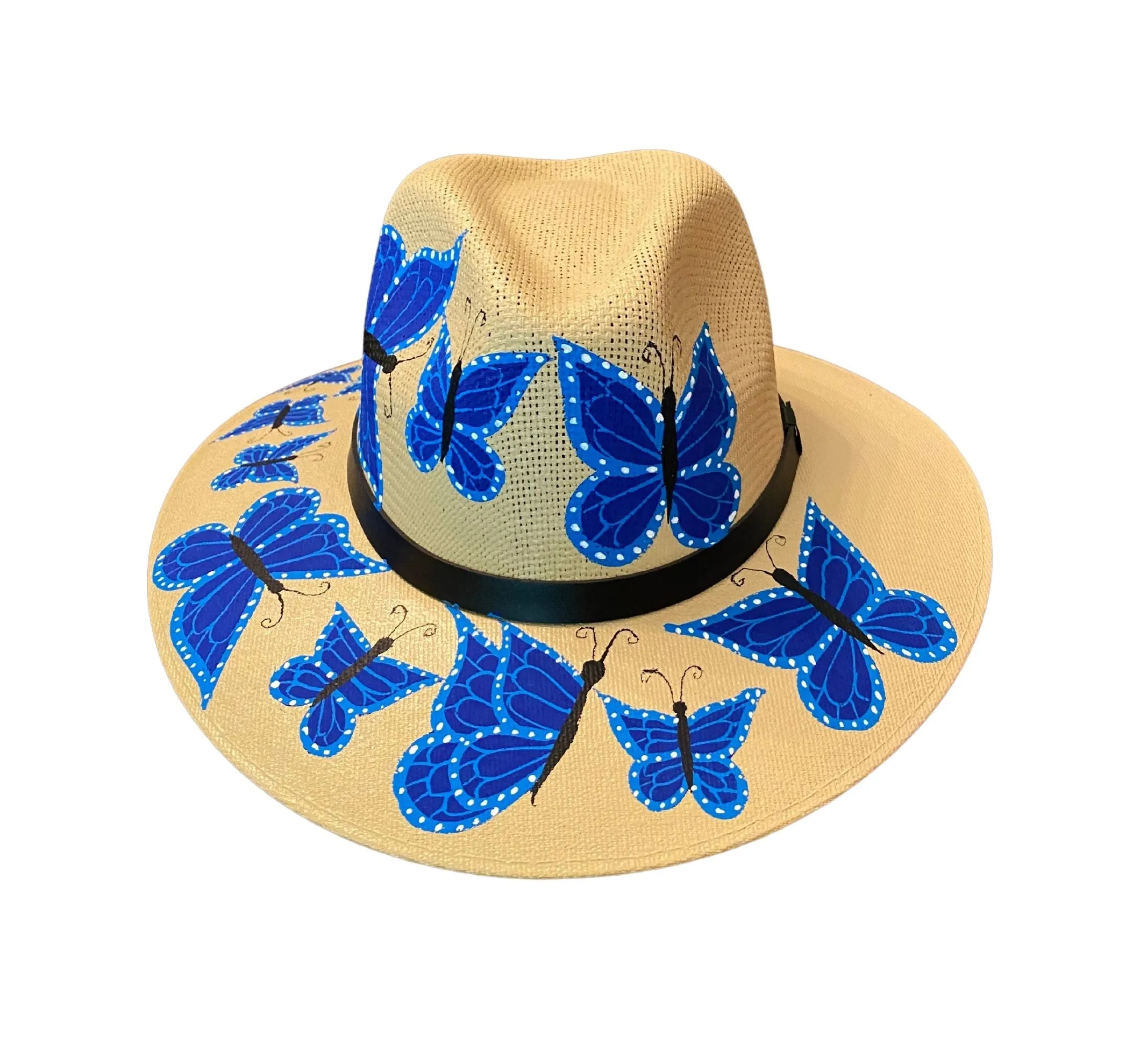 Hand-painted Hat from Mexico - Butterflies - Straw, Blue, Black