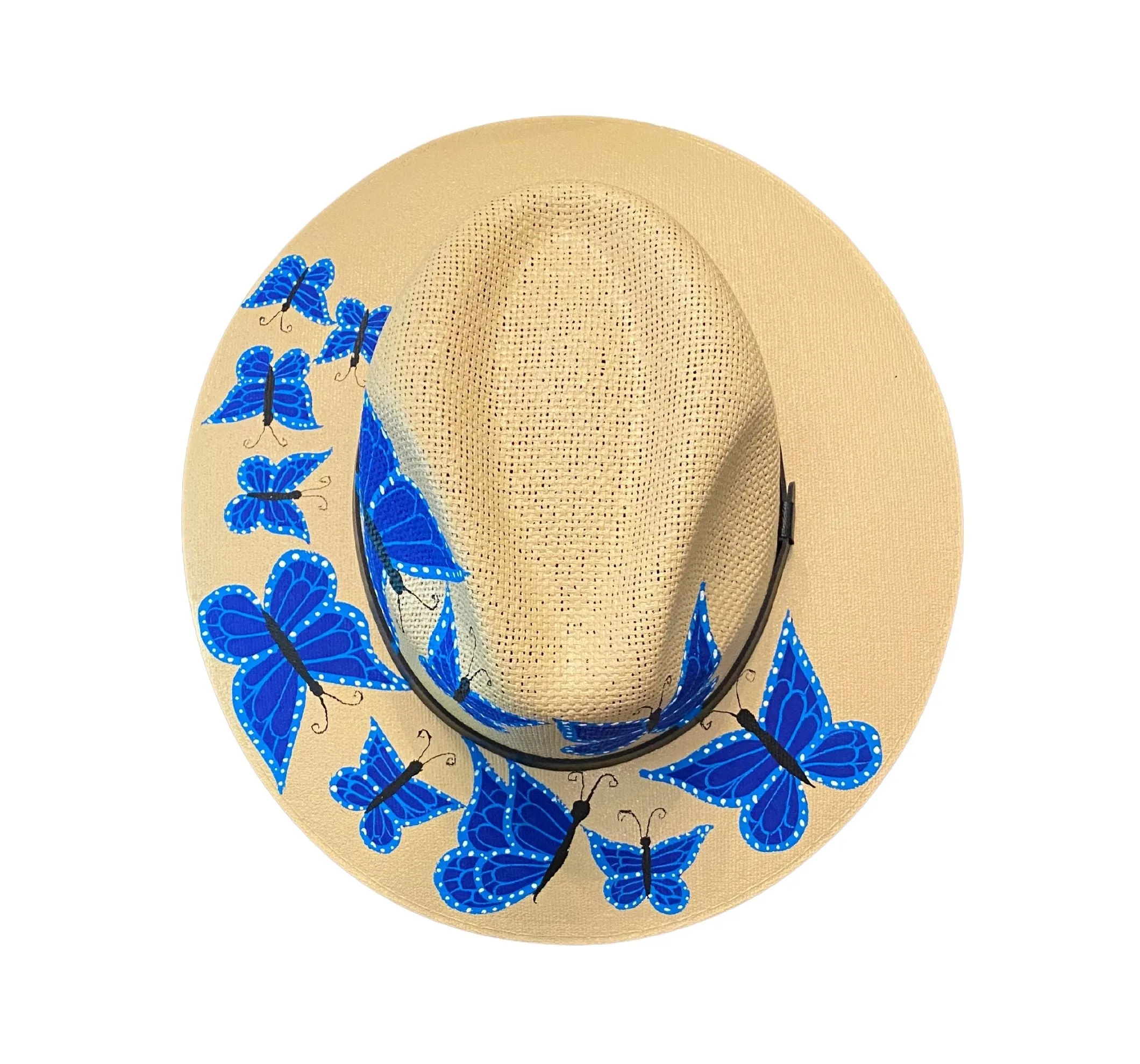 Hand-painted Hat from Mexico - Butterflies - Straw, Blue, Black