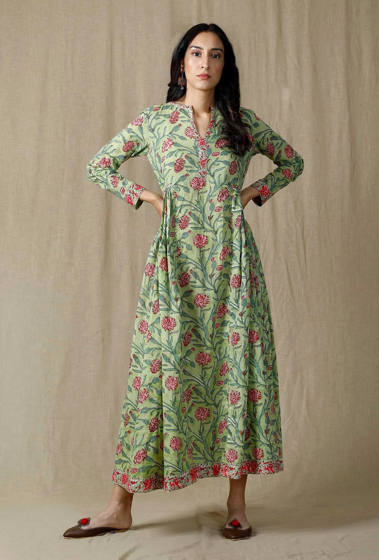 Hand Printed Green Cotton Dress