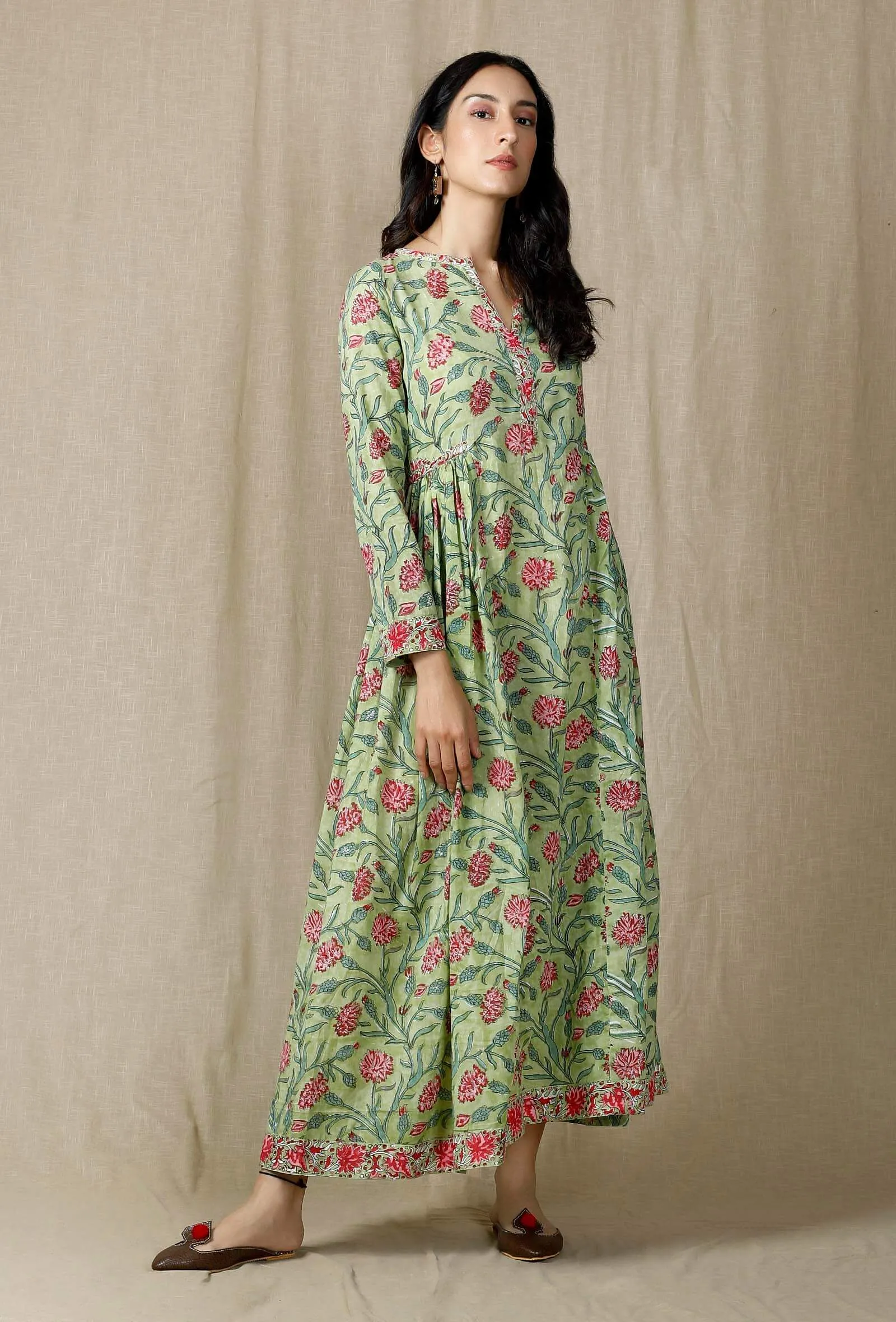 Hand Printed Green Cotton Dress