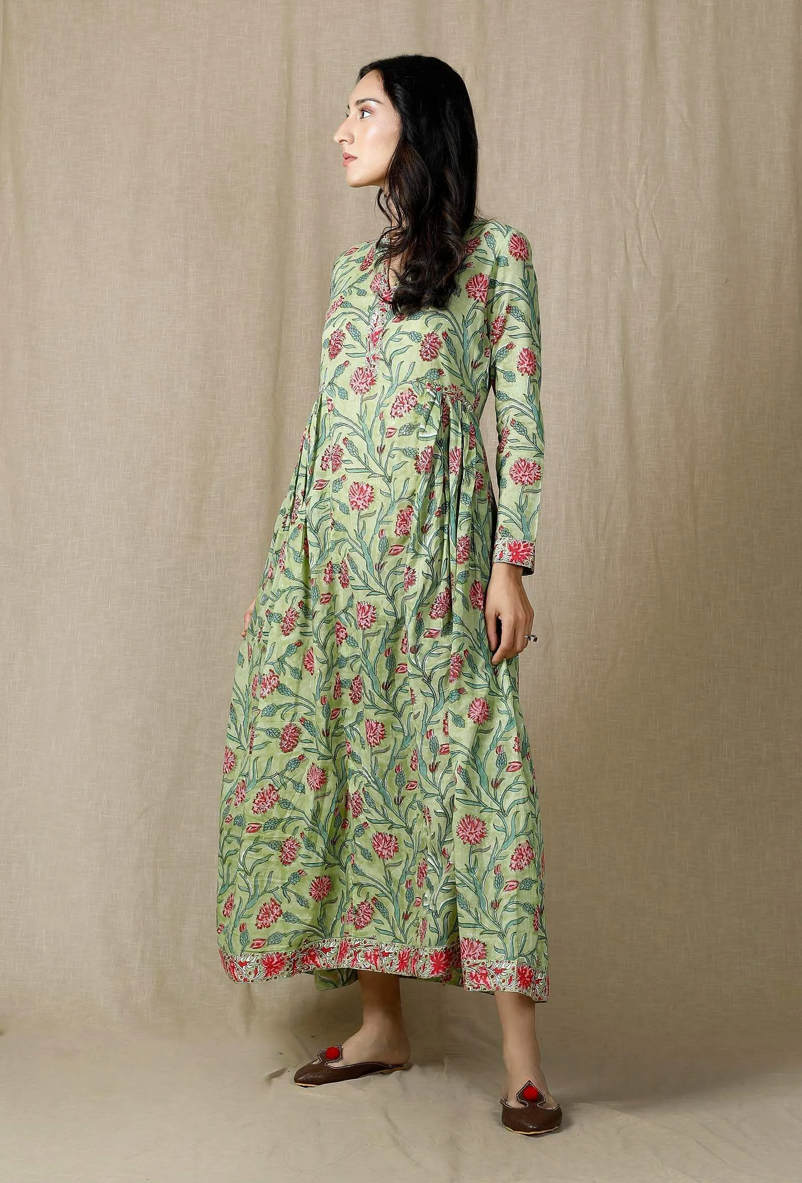 Hand Printed Green Cotton Dress