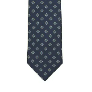 Hand-printed navy silk twill tie, blue and orange medallion print