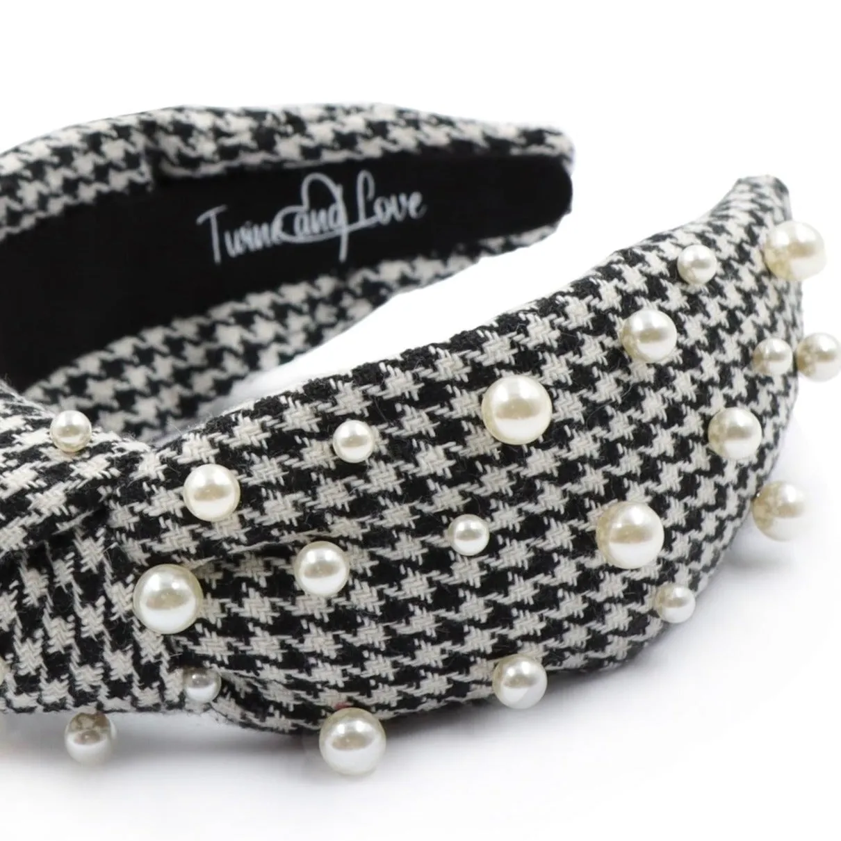 Hand Sewn Houndstooth Pearly Knot Headband