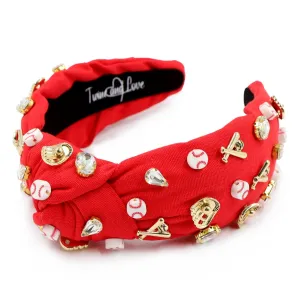 Hand Sewn Red Baseball Jeweled Knot Headband