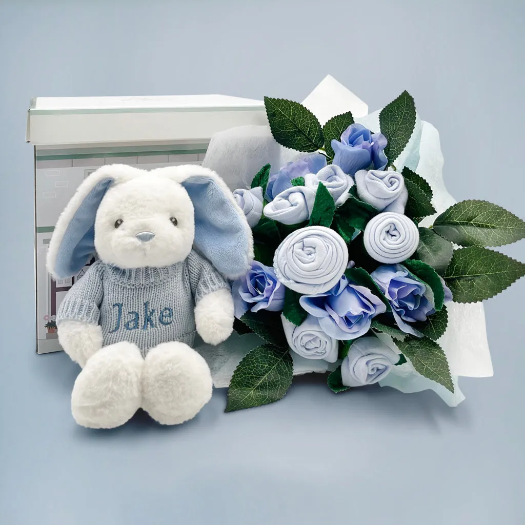 Hand Tied Baby Clothes Bouquet and Personalised Bunny, Blue