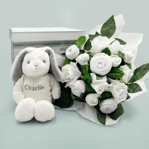 Hand Tied Baby Clothes Bouquet and Personalised Bunny, White