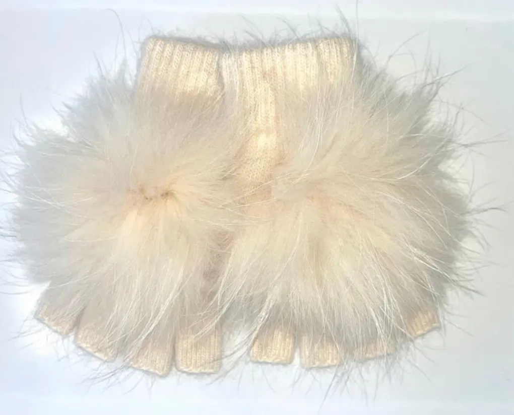 Hand Warmers, Fingerless Gloves, Angora Wool with Genuine Fur Pom, Multiple Colors - Linda Richards - Style HW62