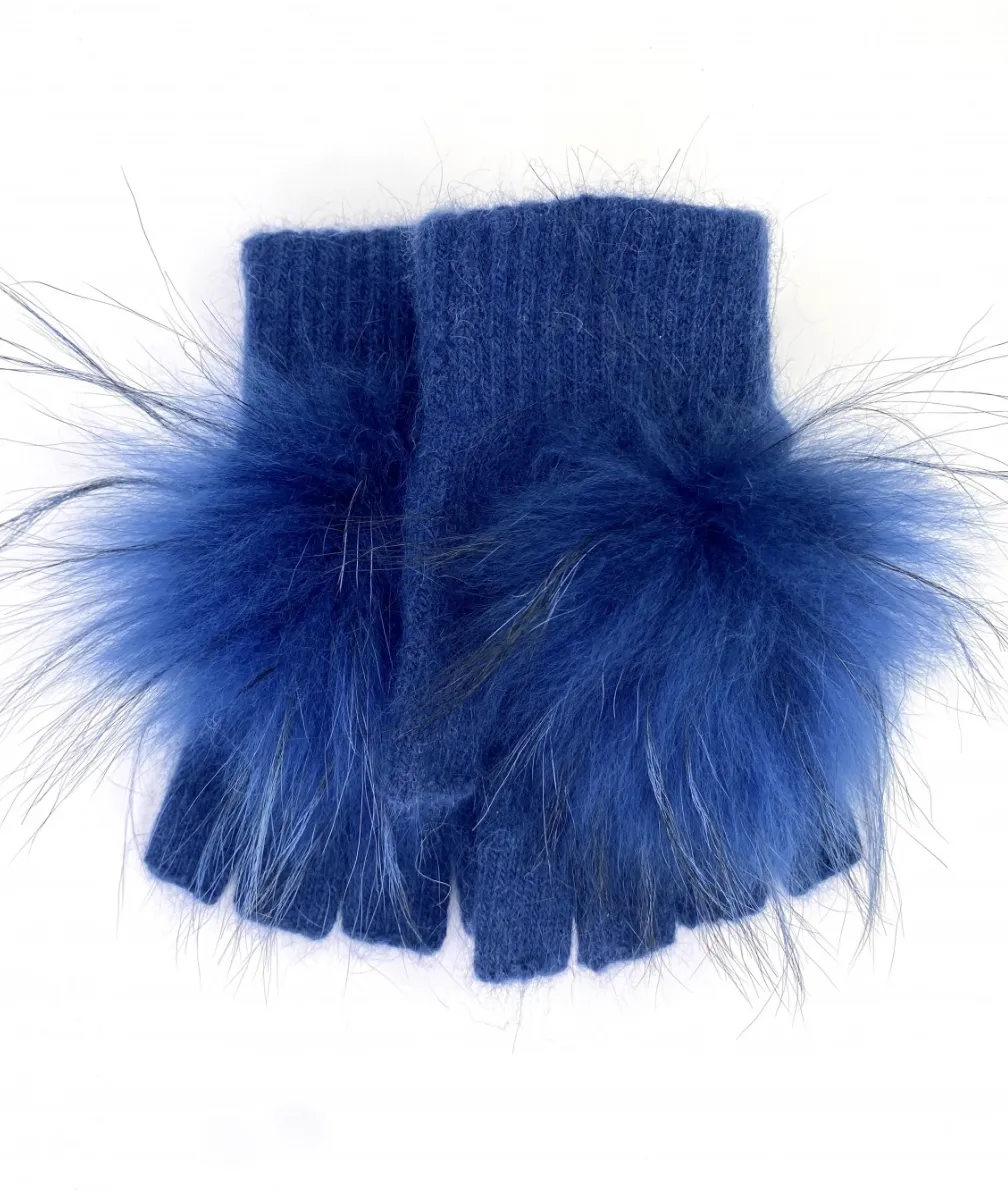 Hand Warmers, Fingerless Gloves, Angora Wool with Genuine Fur Pom, Multiple Colors - Linda Richards - Style HW62