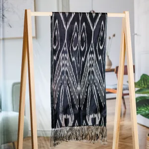 Hand-Woven Fringed Silk Ikat Scarf in Black from Uzbekistan - Stylish Black | NOVICA