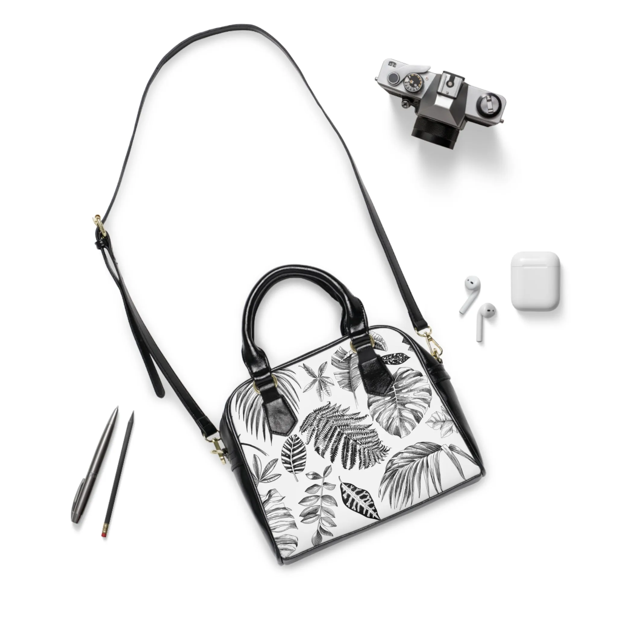 Handbag - Black and White Leaf Design