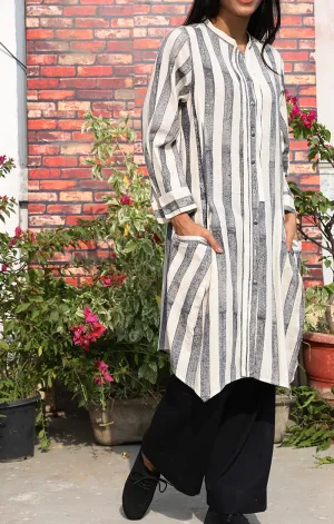 Handblock Printed Charcoal Striped Tunic with Pants