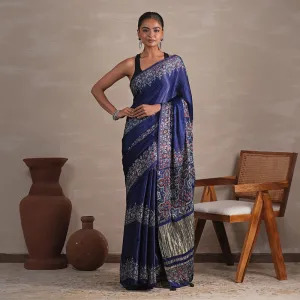 Handblock Printed Saree with Blouse Piece | Blue | Bagru Print