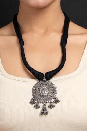 Handcrafted 925 Pure Silver Devi Durga Pendant Necklace with Adjustable Black Dori - Elegant Jewelry