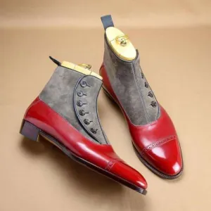 Handcrafted Red Leather Gray Suede Button Ankle Dress Toe Cap Brogue Trendy Boots