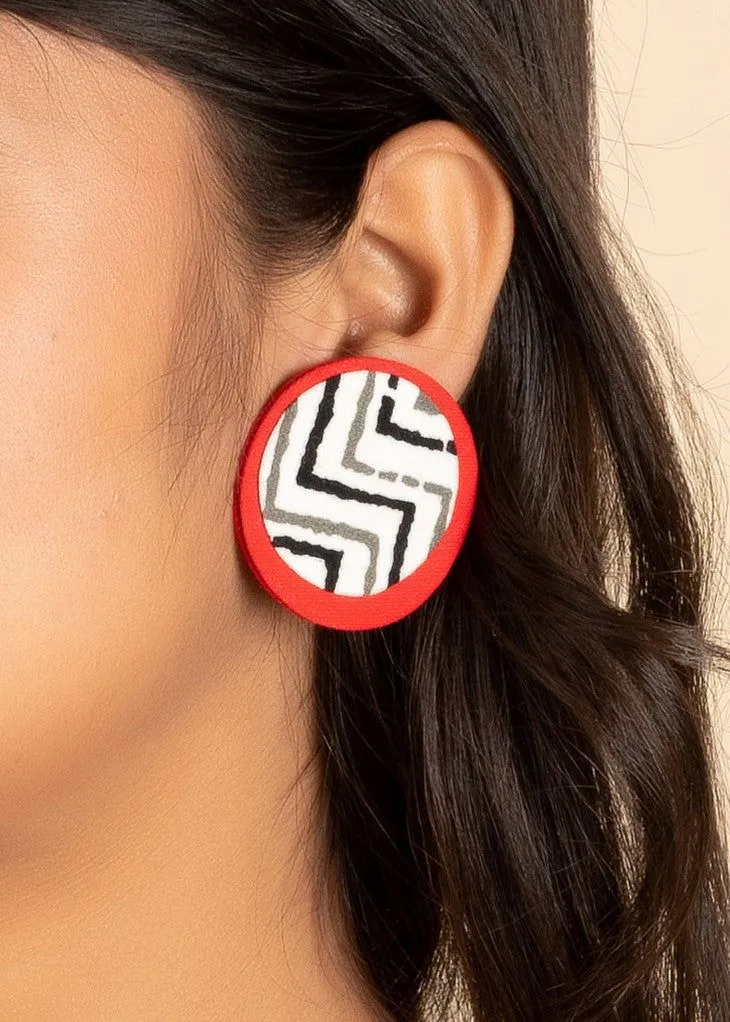 Handcrafted Red, White, Black Ajrakh Cotton Fabric Stud Earrings – Non-Allergic, Perfect for All Occasions and Gifting