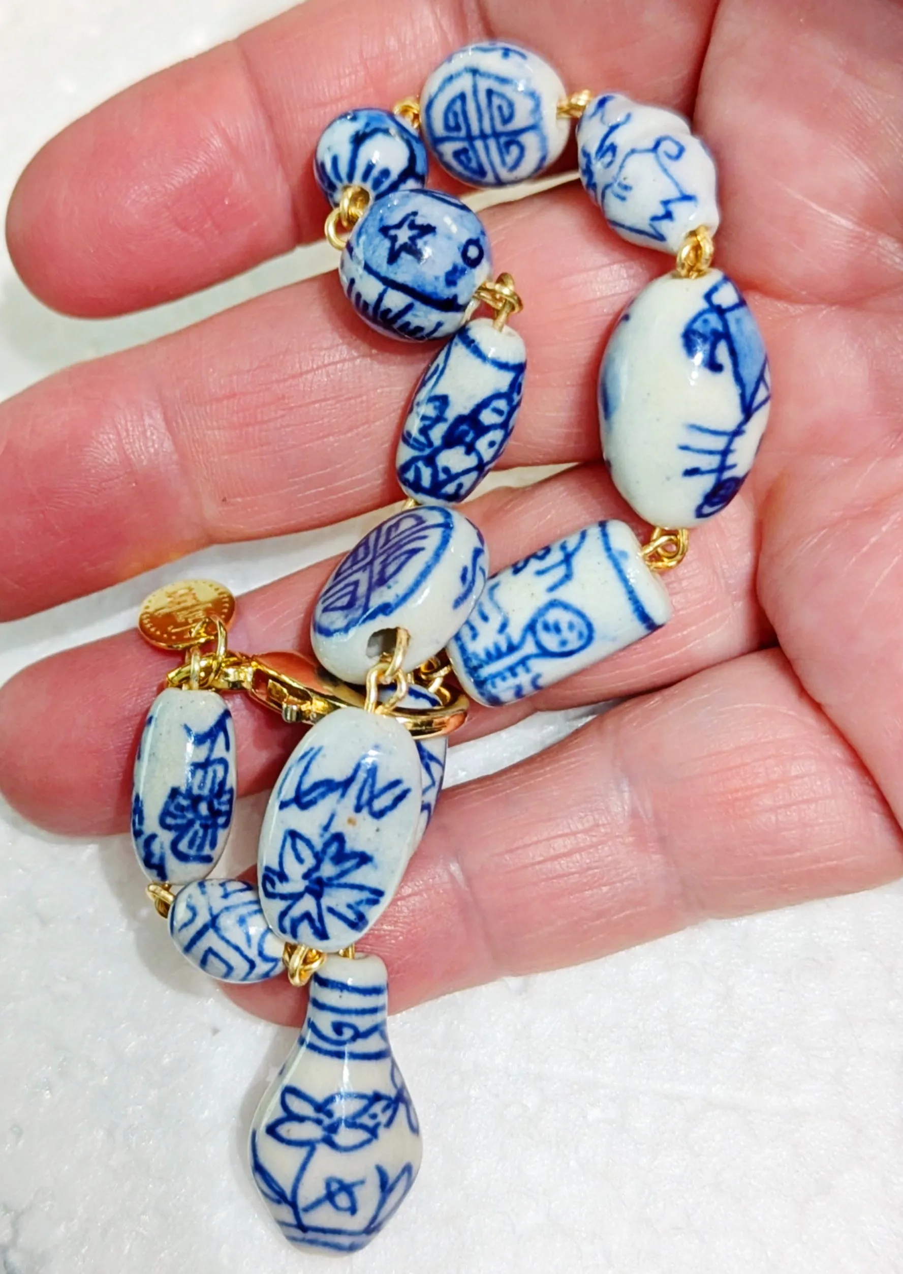 Handlinked Blue and White Porcelain Bead Bracelet - Classic and Timeless Design by Award-Winning Artist Sugar Gay Isber